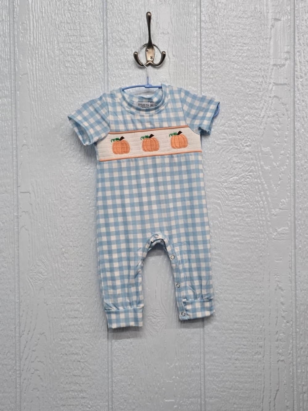 NWT 3 Months Blue Gingham Pumpkin Smocked Infant One-Piece